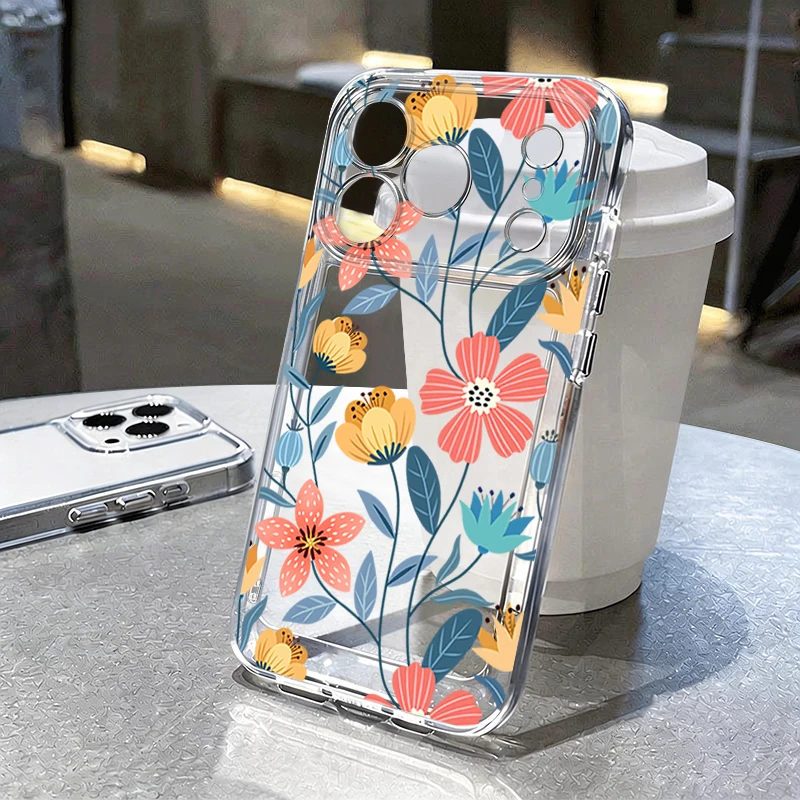 Blumenmuster Transparente Handyhülle für iPhone 17e 17 16 15 14 13 Pro Max 17 Pro Stoßfeste Durchsichtige Weiche TPU Silikon Rückseite
