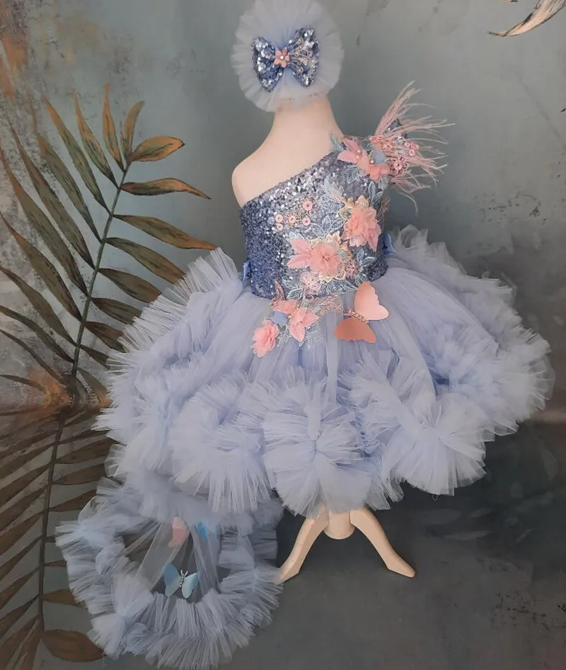 Vestido azul claro de flores para niña, traje 3D de mariposas para primer cumpleaños infantil, traje de desfile bordado con tren