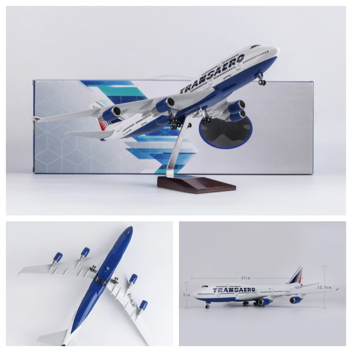 

B747 Russia Transaero Airways Airplane Toy 1/150 Scale 47cm Plane Model Resin Diecast With Lights Wooden Base For Decoration Toy