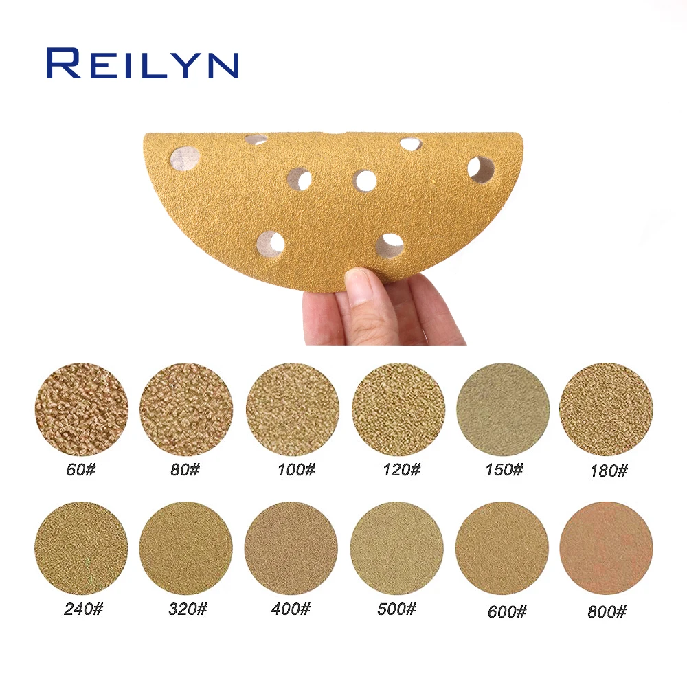10pcs 6inch 17 holes Yellow Sand Paper 150mm Flocking Sand paper tray Polishing Pad Self-adhesive Loop Backing Polishing Disc