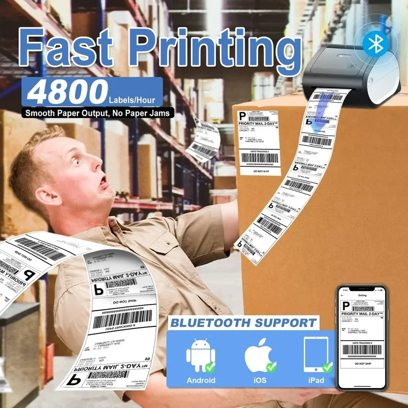 Wireless Thermal Shipping Label Printer 4x6 Barcode Printer Mobile Phone Connectivity for Warehouse Factory