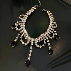 Black Water Drop Crystal Choker Necklaces for Women Long Tassel Rhinestones Necklaces Statement Jewelry for Weddings