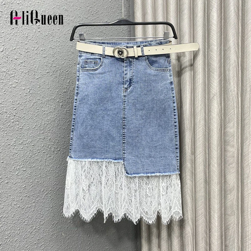 

2023 Spring Summer Streetwear Women Vintage Black Lace Patchwork Midi Denim Skirt Blue Slim High Waist Jean Skirts 2XL