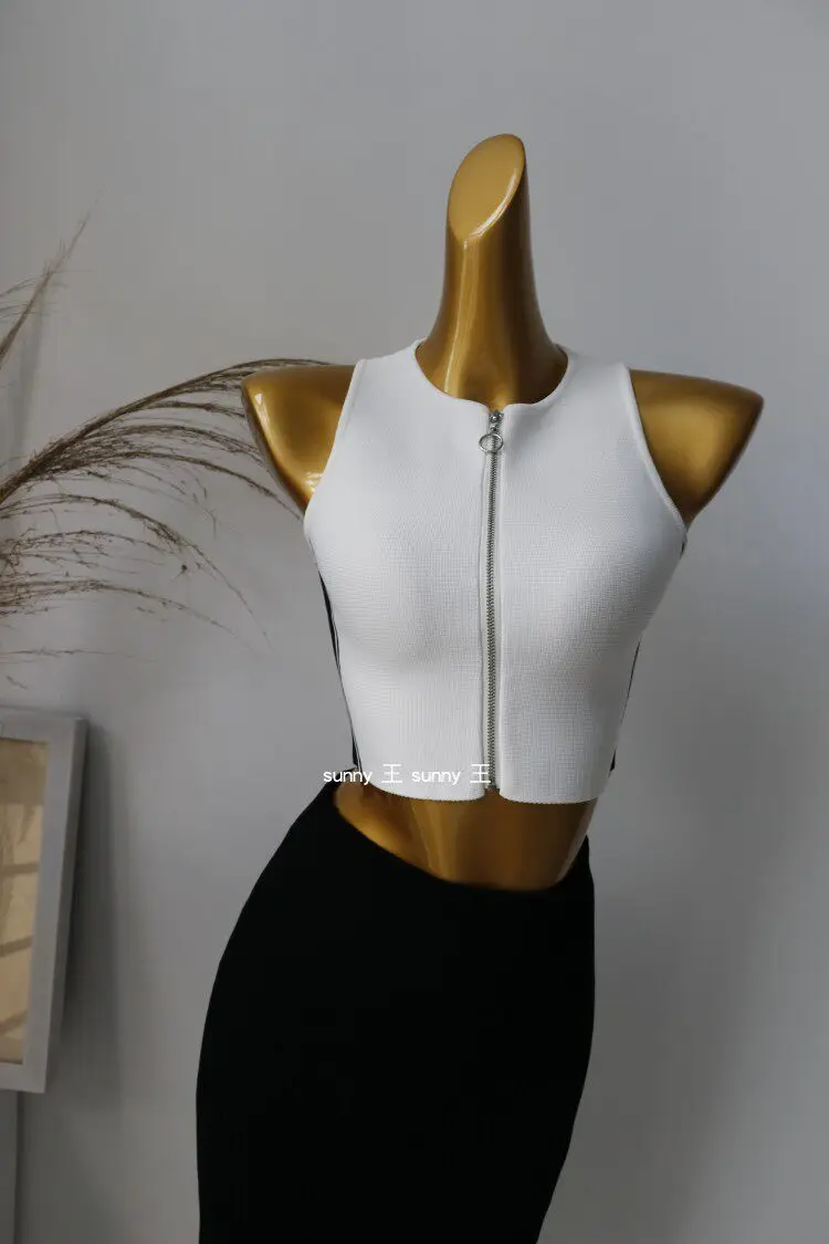 Micosoni Fashion Clothes Simple Classic Chic Tanks Women's Belly Button Top, Black White Zipper Knitted Sleeveless Vest One Size