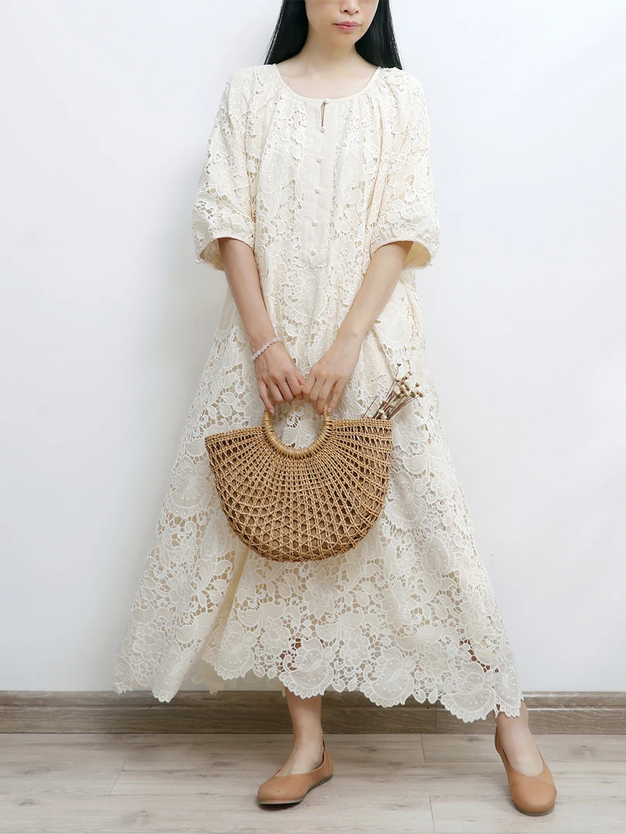 

TIYIHAILEY Spring Summer Women Lace Dresses Long Sleeve Beige Loose Ladies Clothing Fashion Long Mid-calf 2025 New O Neck