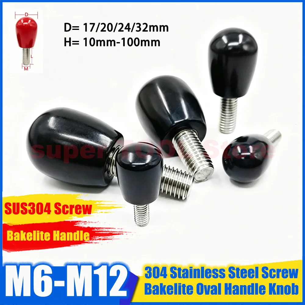 

1Pcs M6 M8 M10 M12 Bakelite Oval Handle 304 Stainless Steel Round Head Knob Cylindrical Hand Tight Screw Fastener