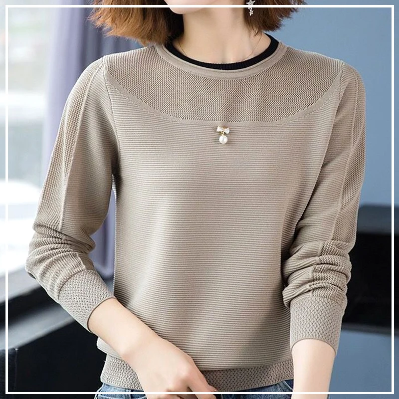 

capable simple comfortable leisure loose skin friendly Classic All-match round neck hollow out Women's Knitted Shirt autumn 2024