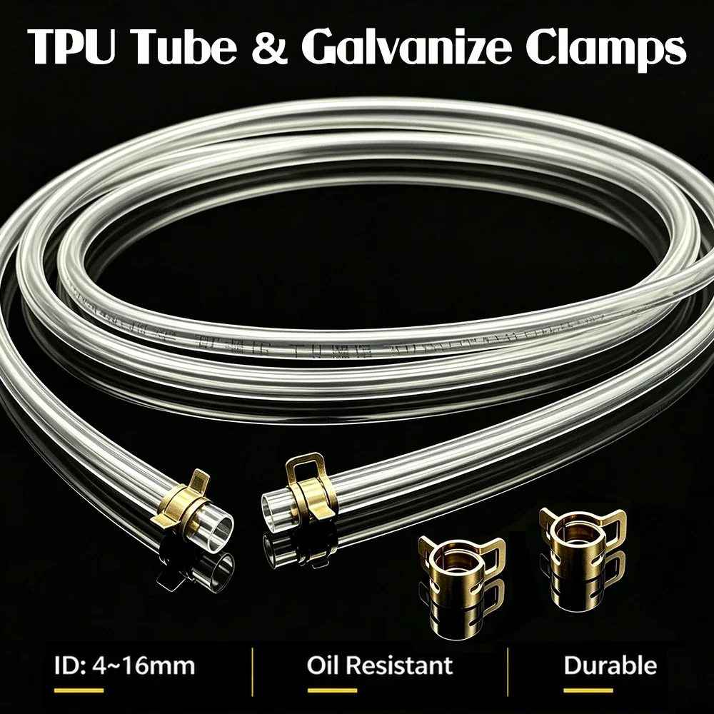 TPU Fuel Gas Pipe ID 4 5 6 8 10 12 14 16mm Petrol Hose with Galvanized Clamps for Motorcycle Car Oil Resistant Tube