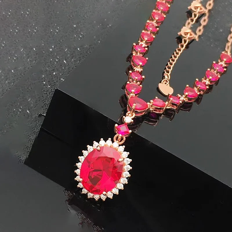 Collar exquisito con borla de rubí y incrustaciones de diamantes de oro púrpura 585, colgante de flor de oro rosa de 14k chapado, regalo de joyería de boda