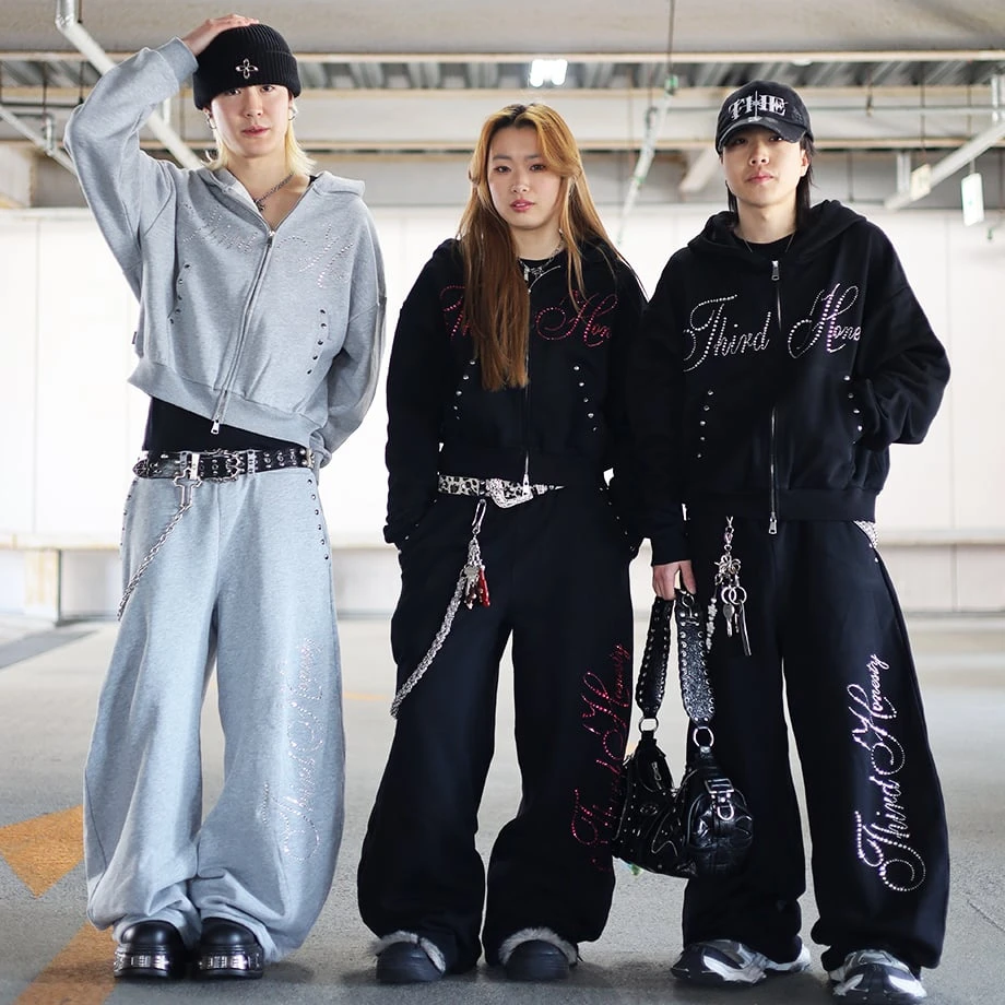 

American retro personalized street letter hot diamond long sleeved hooded cardigan loose casual top straight leg wide leg pants