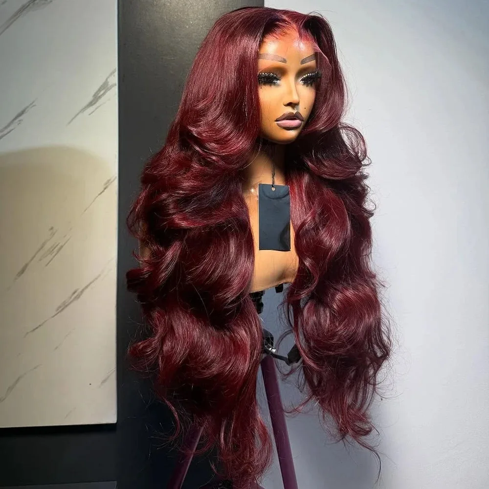 99J Burgundy Red Body Wave Lace Front Wig 13x4 HD Transparent Synthetic Pre Plucked Glueless For Women Daily Cosplay Clearance