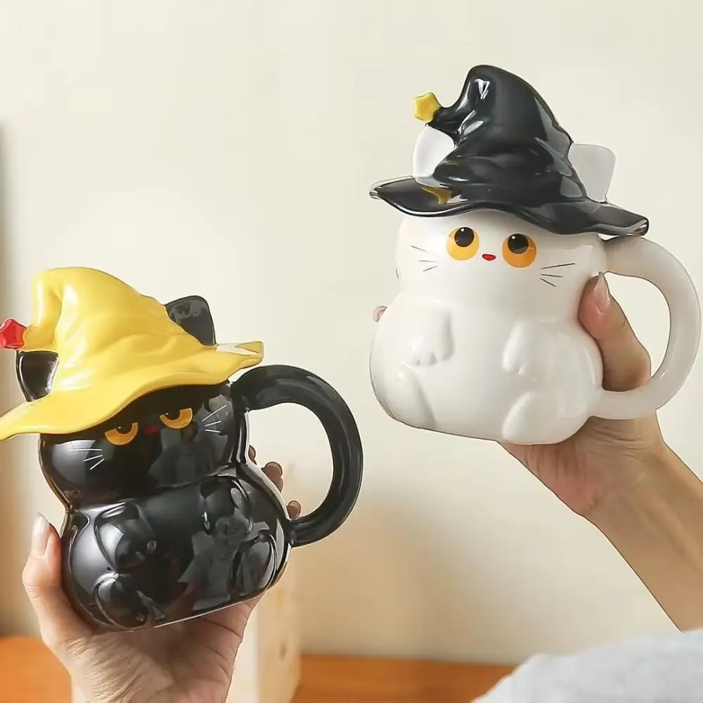 Unisex Creative Ceramic Ghost Cat Mug with Lid Cute Cartoon Cat Mug 450ml Magic Kitty Coffee Cup Halloween Gift