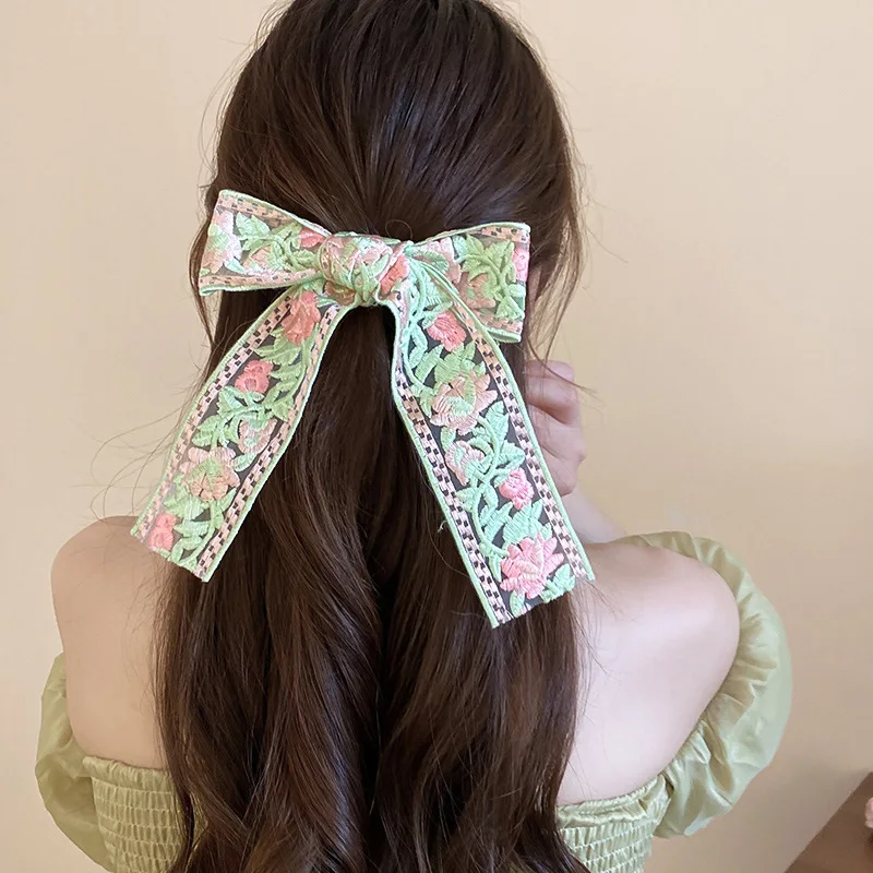 Embroidery Hair Bows Clip For Women Ponytail Girls Wedding Lace Ribbon Hairpins Barrette Hair Accessories