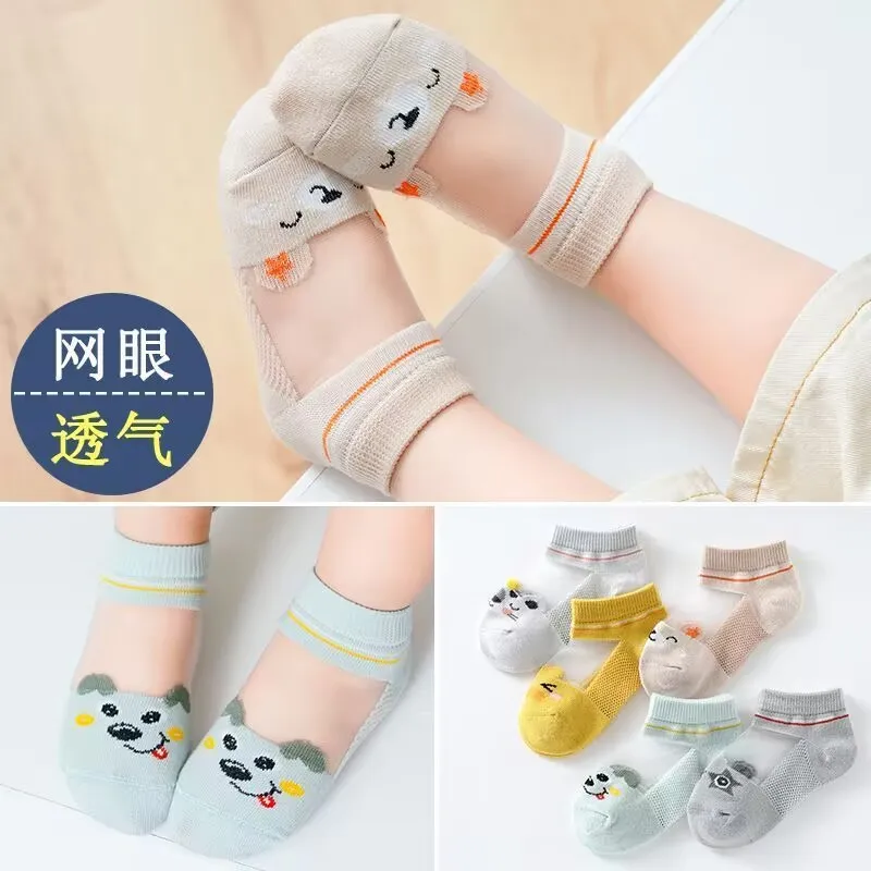 5 Paar/Lot Niedliche Kindersocken für Mädchen und Jungen, Baumwolle, einfarbig, Prinzessinnen-Kindersocken, lässige Sommer-Mesh-Dünne-Blumen-Cartoon-Socken