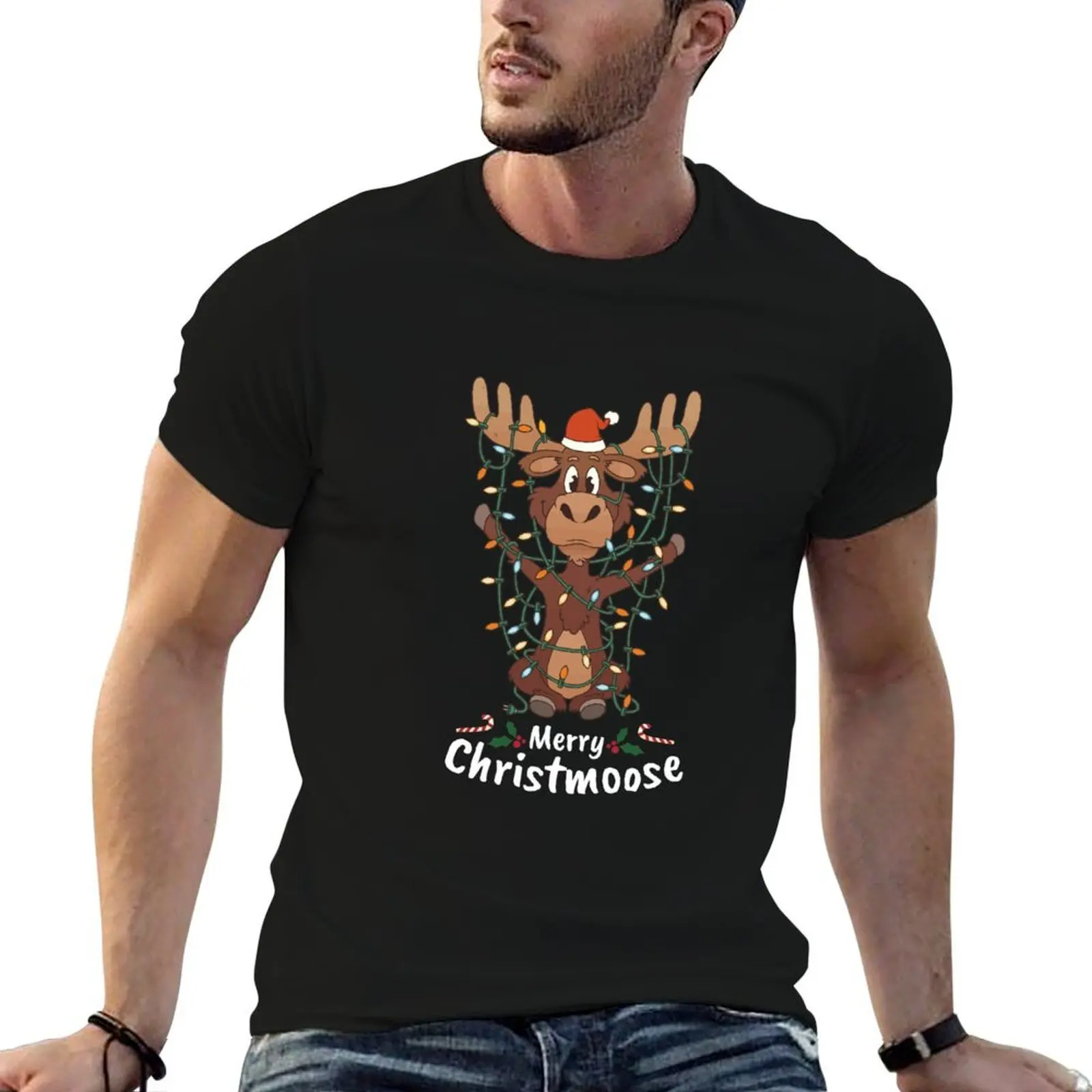 

Merry Christmoose Christmas Moose Xmas Tree Lights Gift T-Shirt t shirts for man pack cotton man t shirts for men casual T-Shirt