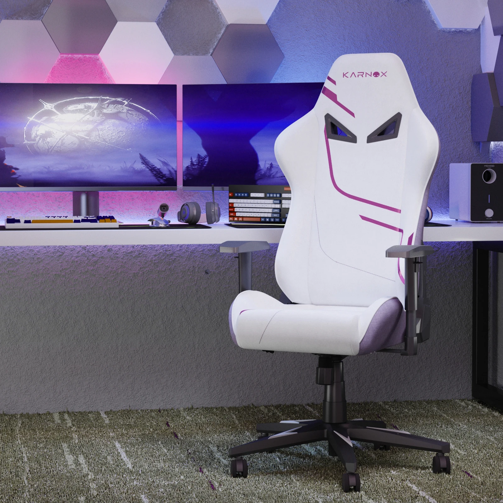 Chaise de jeu ergonomique en tissu pour adultes, chaise de bureau de course à dossier haut avec appui-tête et support lombaire, chaise de jeu informatique réglable en hauteur pour adolescents et femmes, blanc et violet