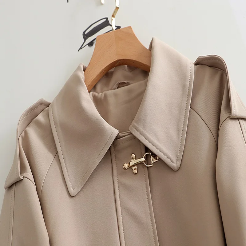 Women's 2024 Spring Autumn New Flip Collar Casual Trench Coat Women's Khaki Windbreaker