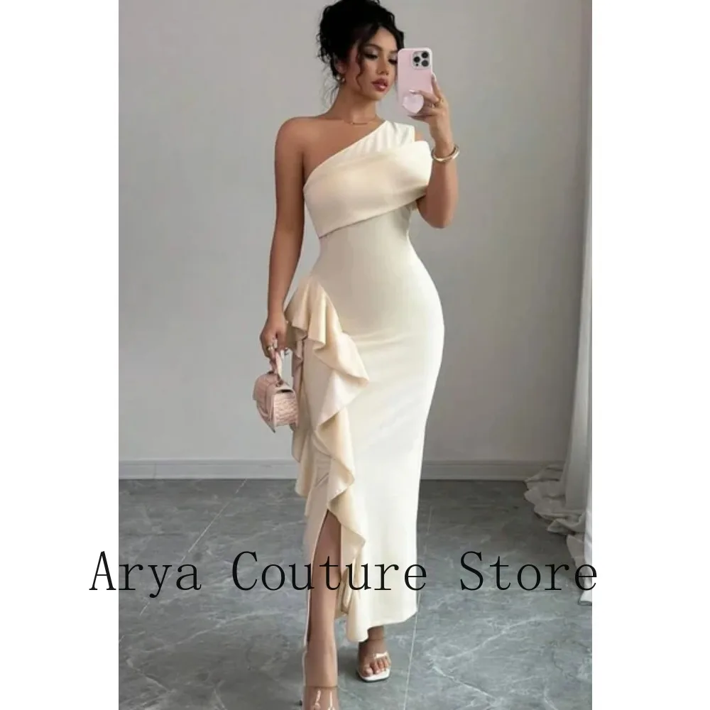 

Ivory White Single Off Shoulder Draped Lapel Side Cascading Ruffle Slit Bodycon Maxi Formal Evening Party Cocktail Dress