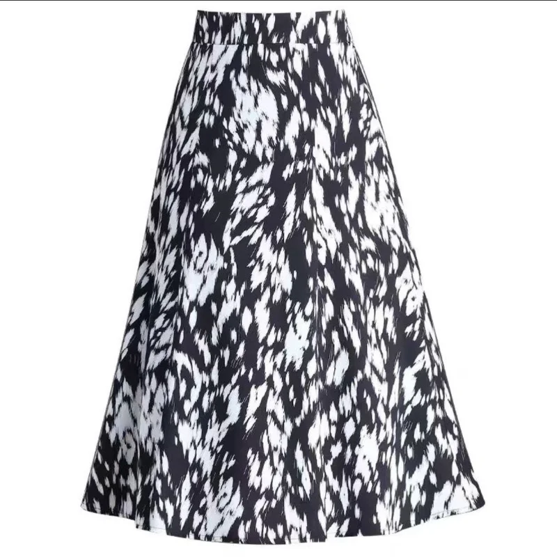 Fashion Printing Leopard Thin A-word Large Swing Skirt Women Classic High  Loose Temperament All-match Office Lady Skirt