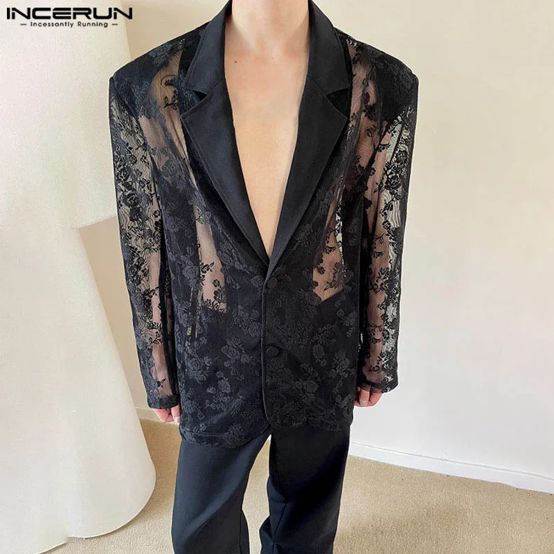 INCERUN Men Blazer Lace Patchwork Transparent Lapel Long Sleeve Casual Male Suits Streetwear 2024 Fashion Party Thin Coats S-5XL