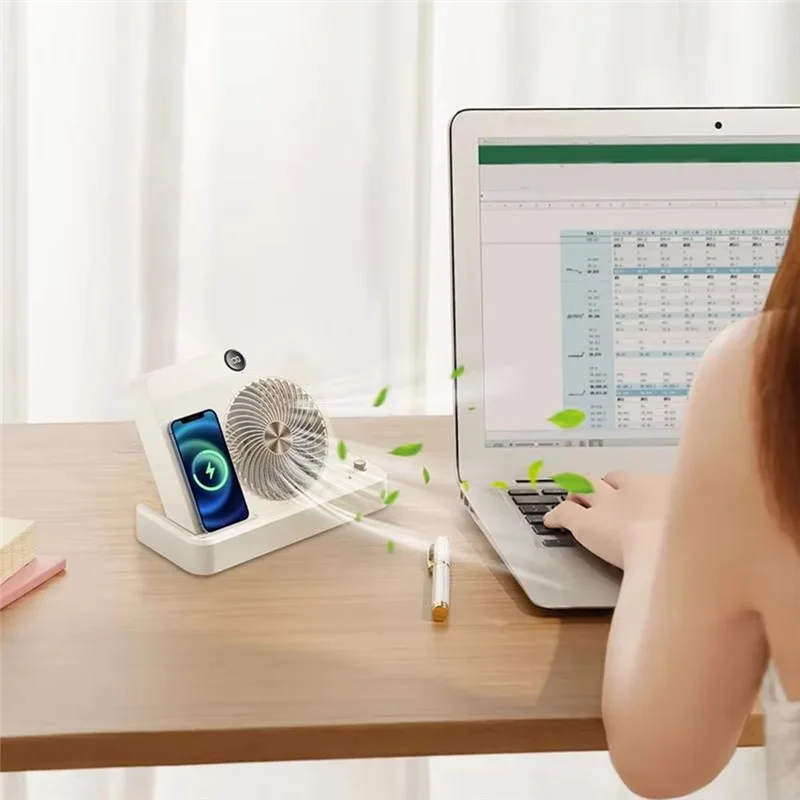 ABWM-Desktop Fan Air Circulator Fan With Wireless Charger Angled Base 100 Speed Adjustment Digital Display Cooling Device