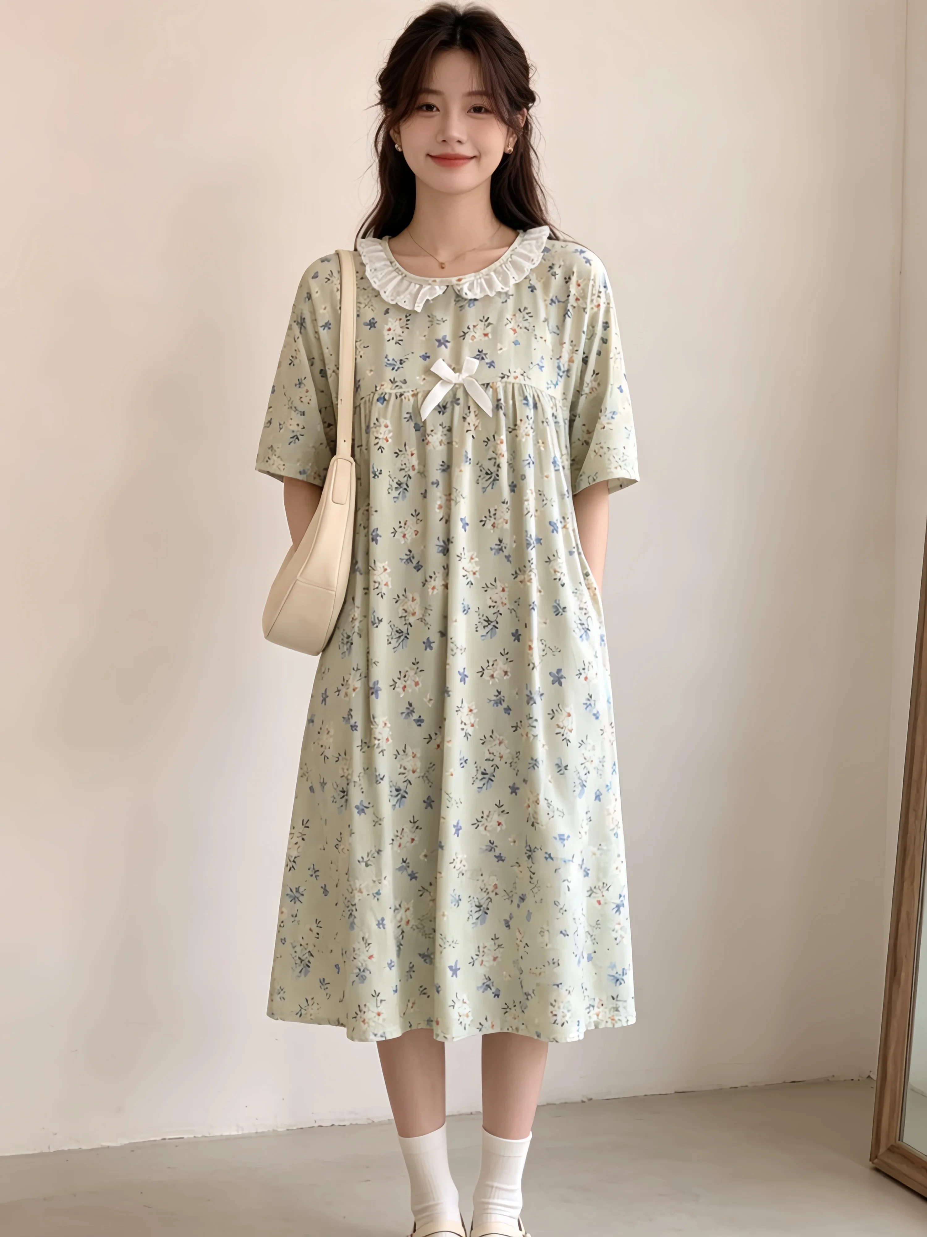 Korean Light Green Floral Nightgown Women Lace Ruffle Collar Bow Short Sleeve Loose Midi Sleep Dress Soft Home Loungewear Pajama