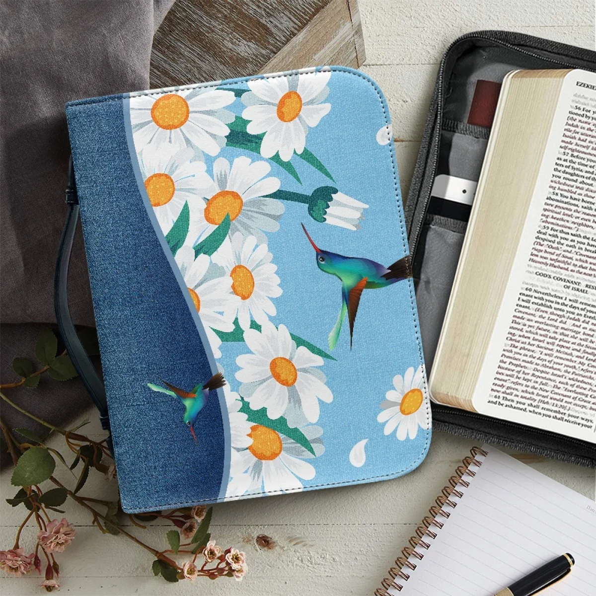 Hummingbird White Flower Pattern PU Leather Bible Bag Women Zippered Handbag Study Book Holy Storage Boxes Bible Cover Case DIY