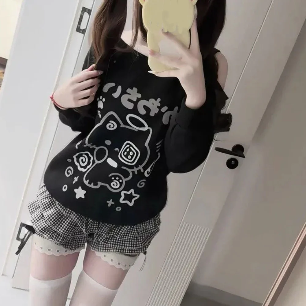 

Cat Print Japanese Cartoon Loose Casual T Shirts Women Clothing Long Sleeve Tees Off Shoulder Camisetas Y2k Tops Cute T-shirt