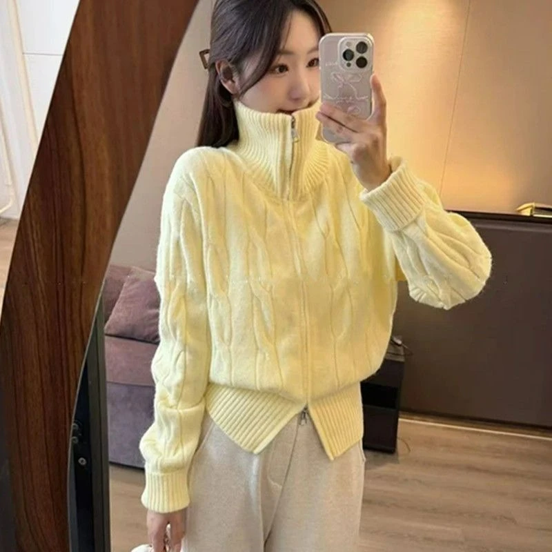 Einfarbige Tweed-Strickjacke mit doppeltem Reißverschluss und Stehkragen für Damen im Winter 2026, neuer Stil, modische, gut aussehende französische Pullovermäntel