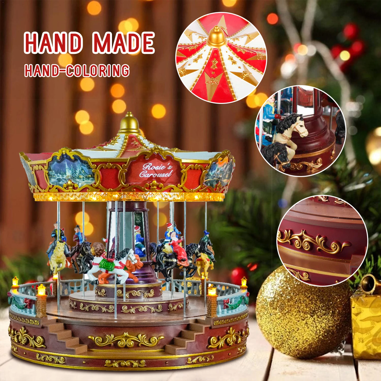 Christmas Carousel Music Box with Lights US 110V Adapter Resin and PP Materials Xmas Decoration for Valentine Gift Multipurpose