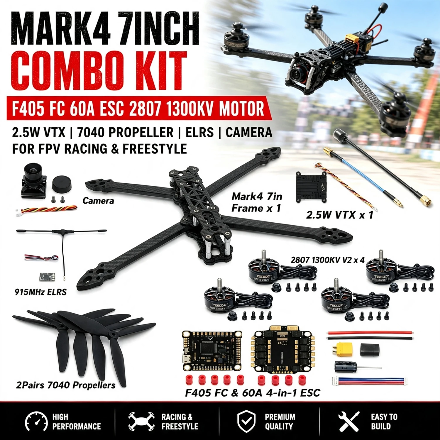 MARK4 7inch Frame Combo Kit F405 FC 60A ESC 2807 1300KV Motor 2.5W VTX 7040 Propeller for RC FPV Racing Drone Freestyle DIY Part