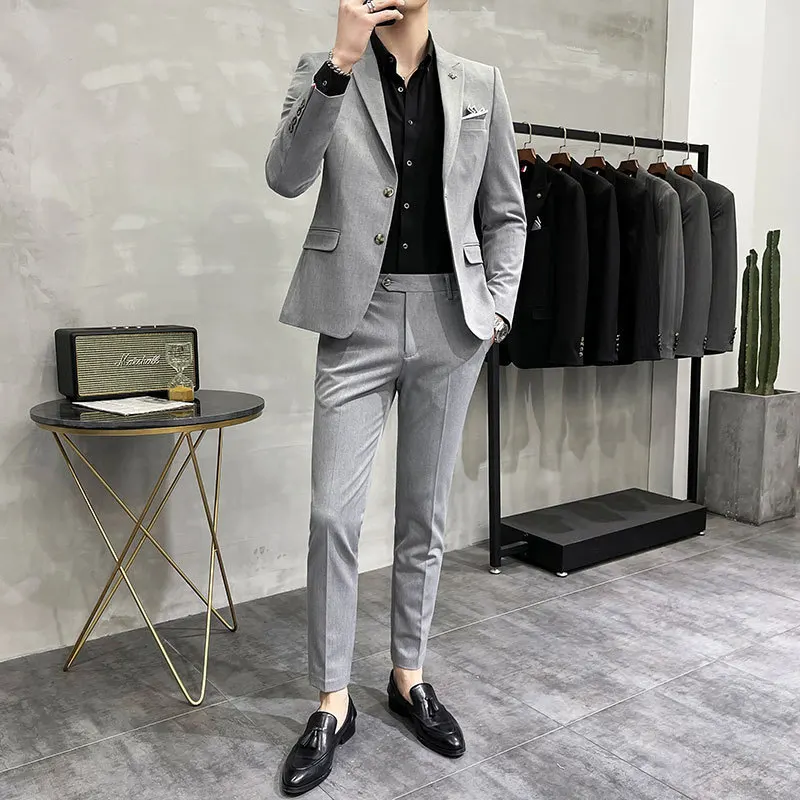 Europe and America Autumn New Fashion Men's Travel Dating Suit Two-piece Light Business Party Party Casual Simple Slim Suit.