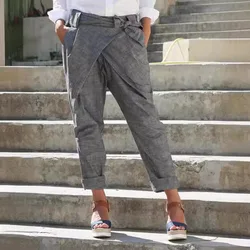 Summer Thin Chic Lace Up Pants Women Loose Long Trousers Leisure Pocket Solid High Waist Splicing Straight Pants 2025 Streetwear