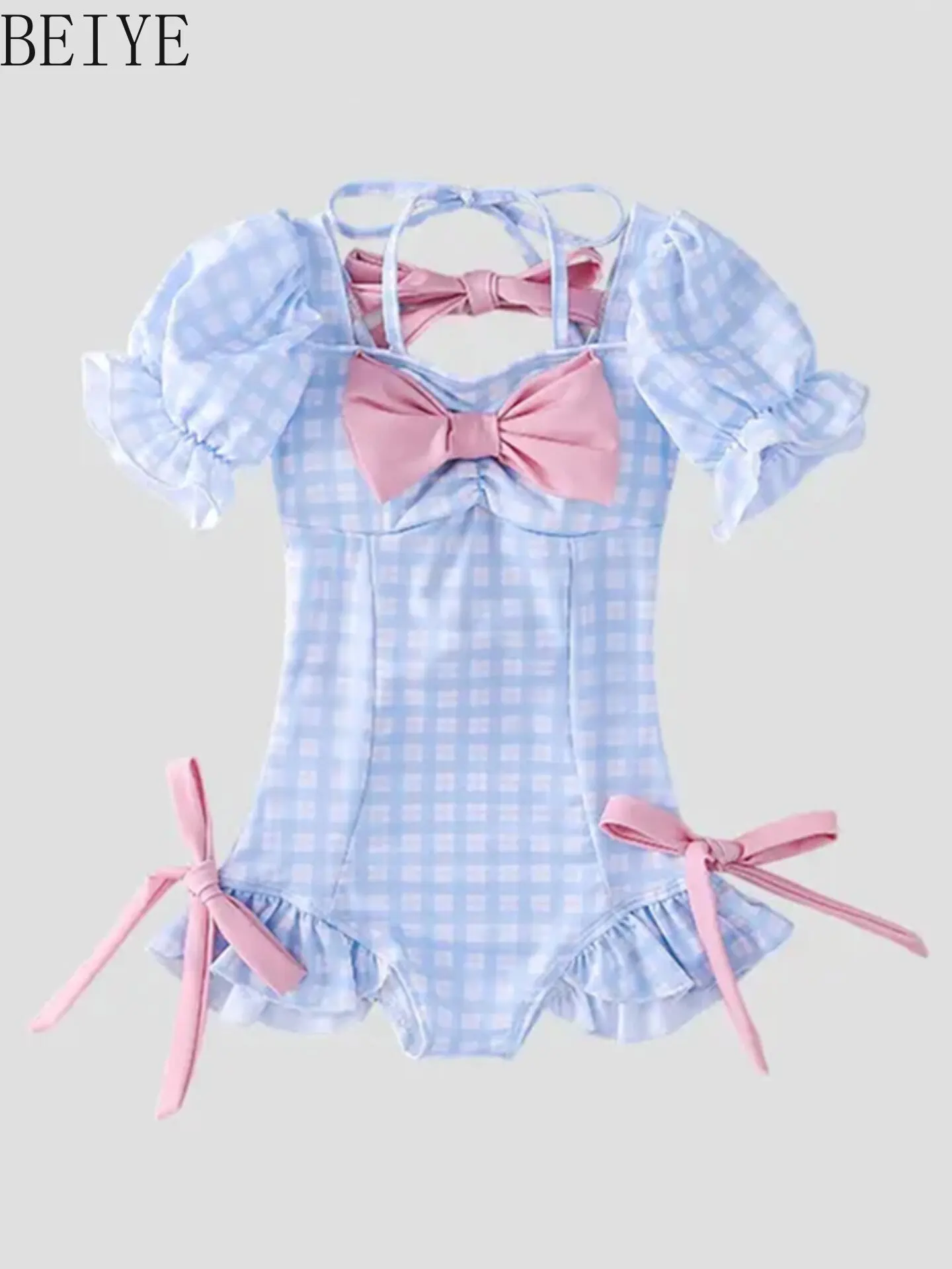 Plaid Bow Swimwear for Little Girls Girls' Short-sleeve One-piece Sun Protection Swimsuit Quick-dry,cute Kids Swimsuit
