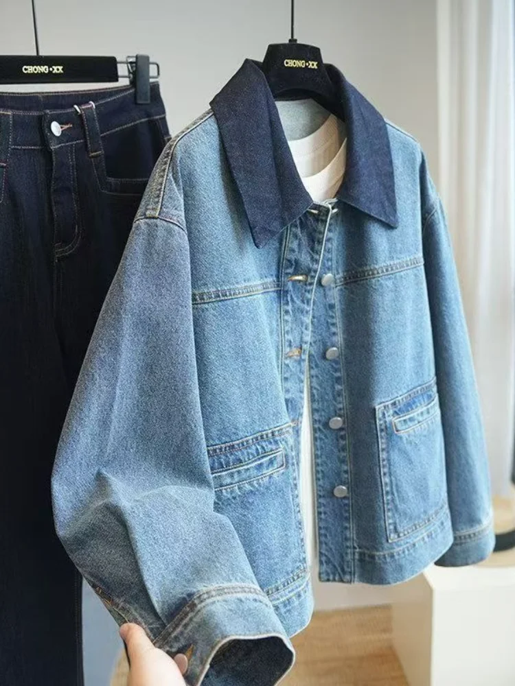 Women's Washed Denim Jacket Spring Fall Color Contrast Snap Buttons Oversized Loose Cropped Vintage Casual Coat Outerwear