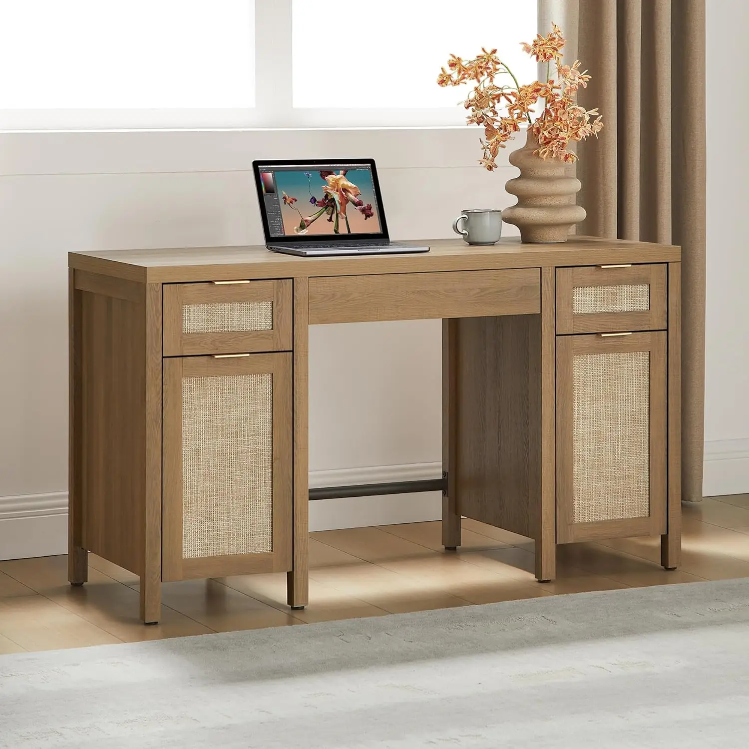 

52in Rattan Desk with 3 Drawers 2 Cabinets Large Computer Writing Table Study Office Living Room, Customized