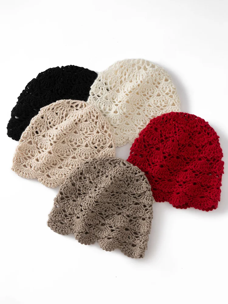女性の 100% カシミヤ手作りカシミヤ帽子中空かぎ針編みパターン帽子秋冬高品質ニットファッショントップス