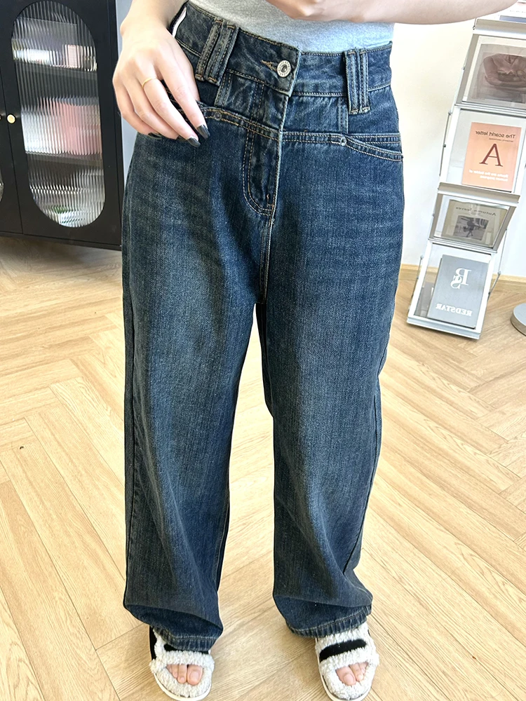 

Retro Blue High Waist Straight Leg Jeans Women's Autumn Winter Slim Fit Wide Leg Floor Length Pants Faionable Tapered