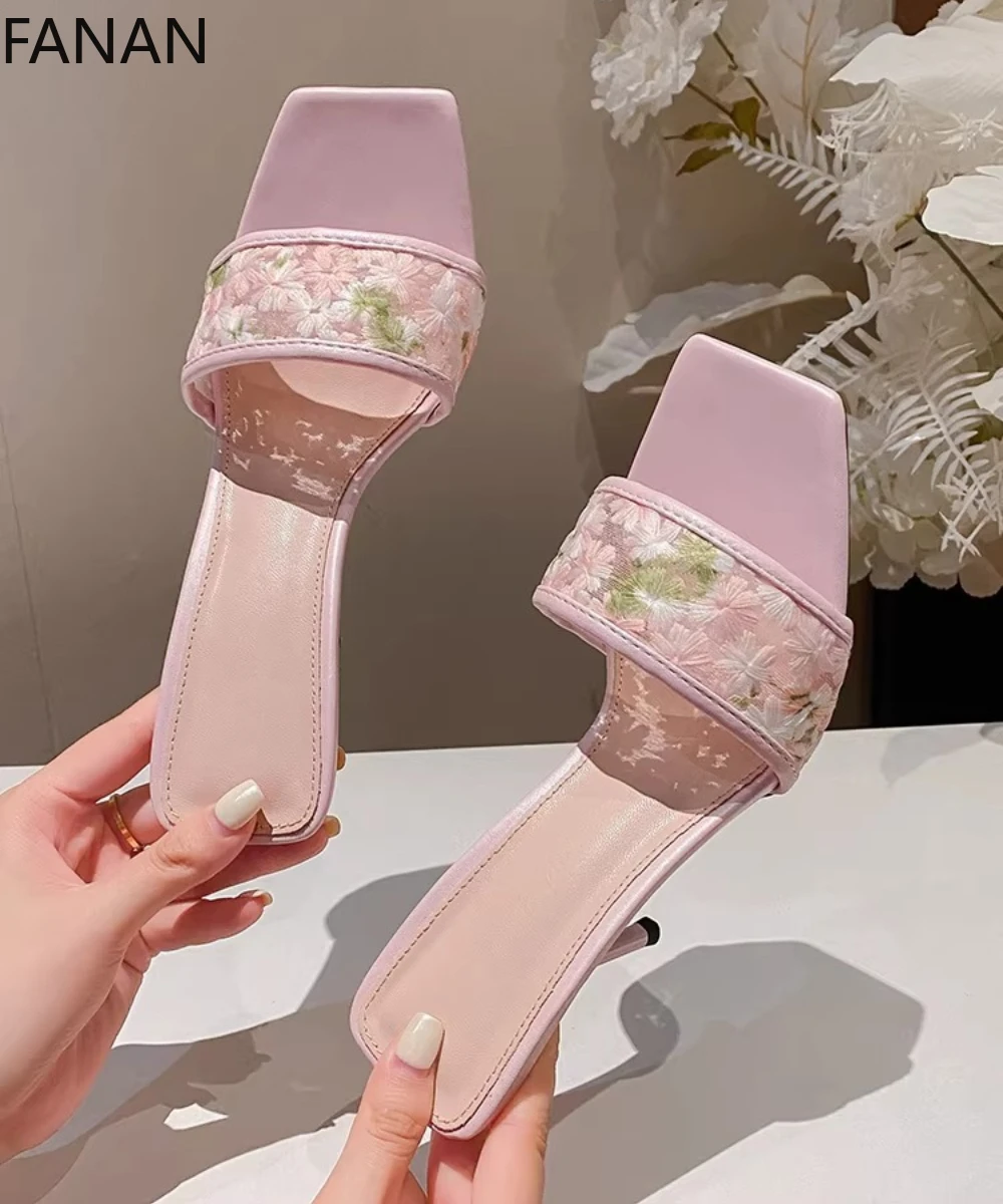 Pink Lace High Heel Sandals Women's Summer Shoes 2026 New Sexy Open Toe Heels 9cm Embroider Slippers Mesh Sandals