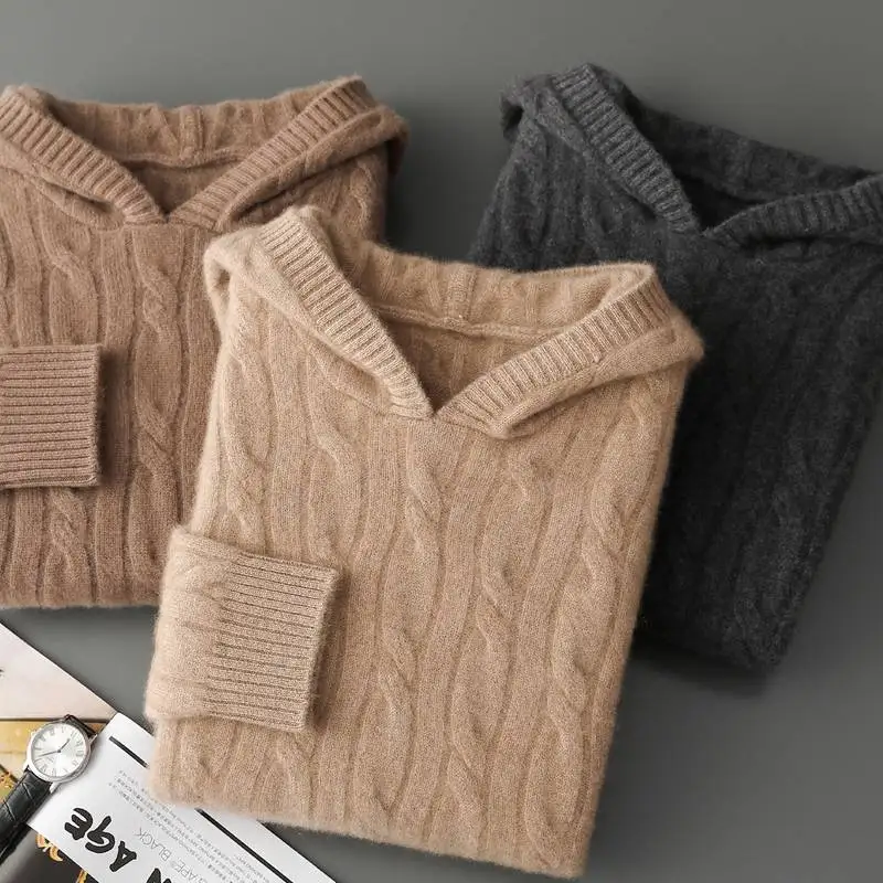 

High-end 100% Cashmere Sweater Men's Hoodie Pullovers Cable Knit Thick Warm Autumn Winter Cashmere Knitwear Jumper Clothes Top