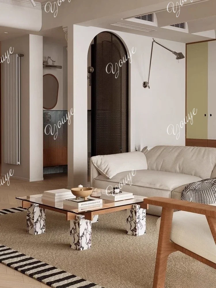 

BX Medieval Style Solid Wood Marble Glass Coffee Table Combination Designer Home Living Room Tea Table