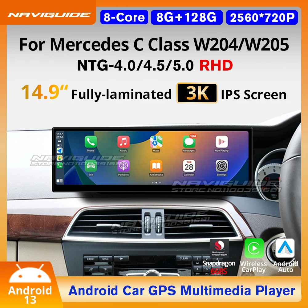 NAVIGUIDE 14.9'' Carplay Auto Car Multimedia Player For Mercedes C Class W204 W205 RHD 2008-2018 Android 13 GPS Navi BT Headunit