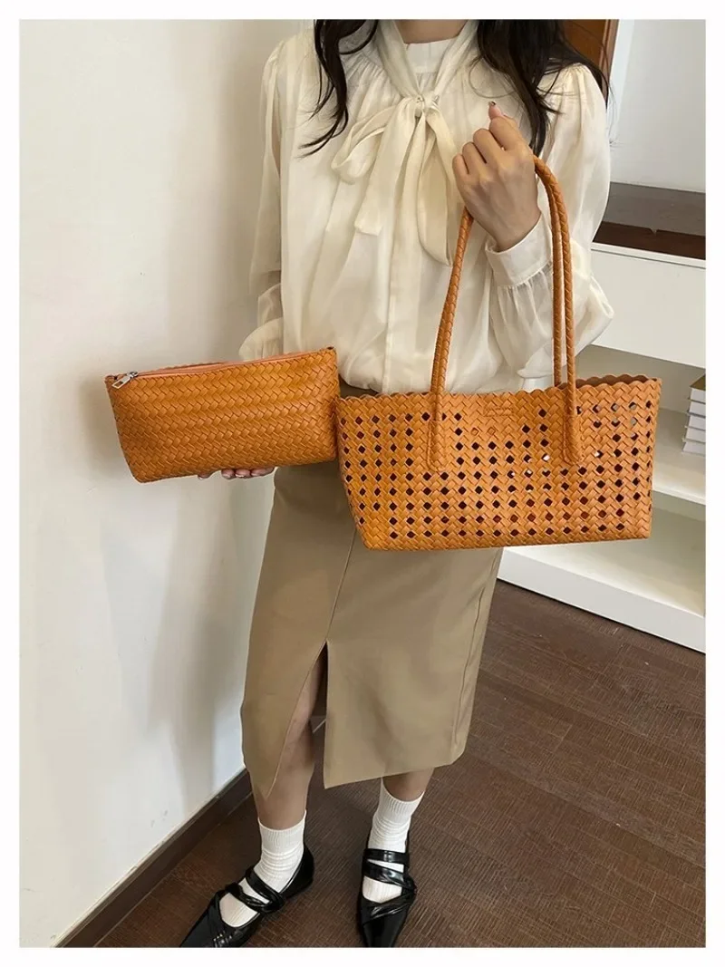 CEEKAY Damen-Tragetasche, orange, gewebtes Kunstleder, große Schulterhandtasche mit Reißverschlusstaschen-Set, Sommer, Strand, Urlaub, Mode – Detail 24