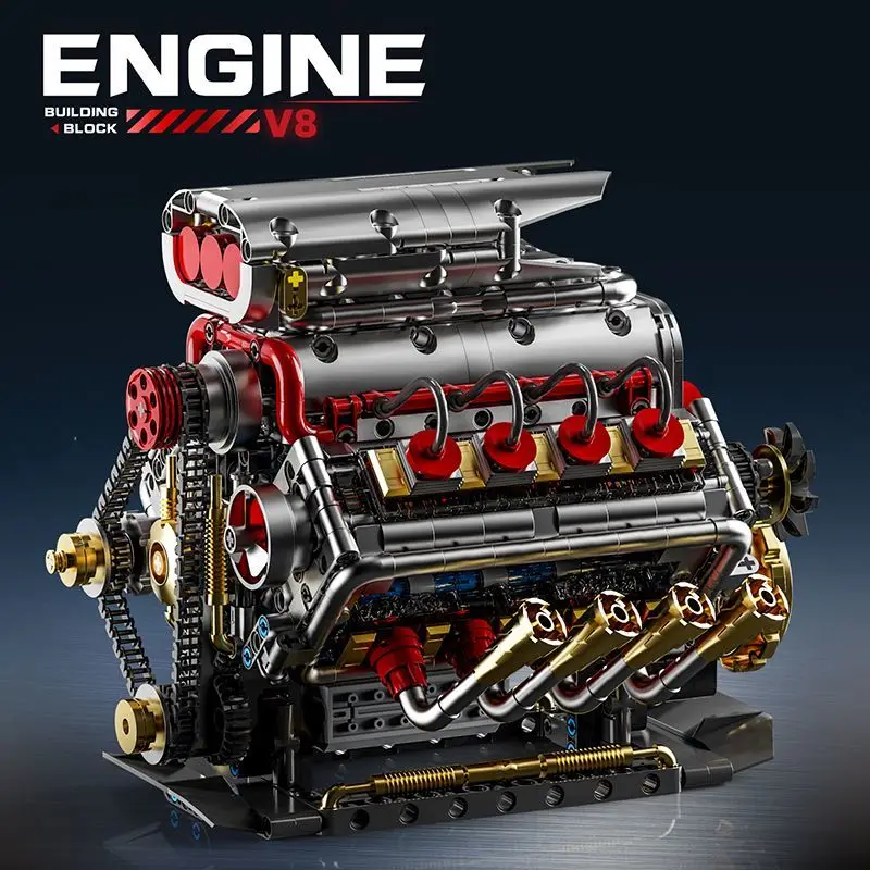 GQ3703 1176PCS V8 Engine Model Sports Car Simulation Cylinder Chain Drive Engine Building Blocks Ornaments Bricks Toy Kids Gift
