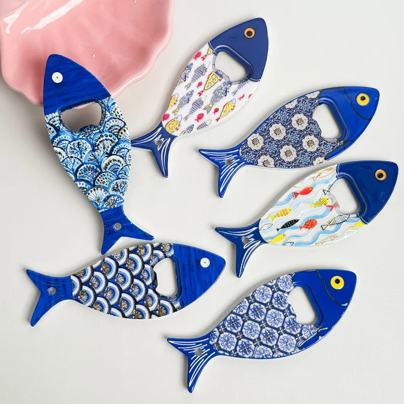 6pcs/SET Fish Shape Bottle Opener Refrigerator Sticker Relief Texture Bronzing Process Three-dimensional Refrigerator Sticker