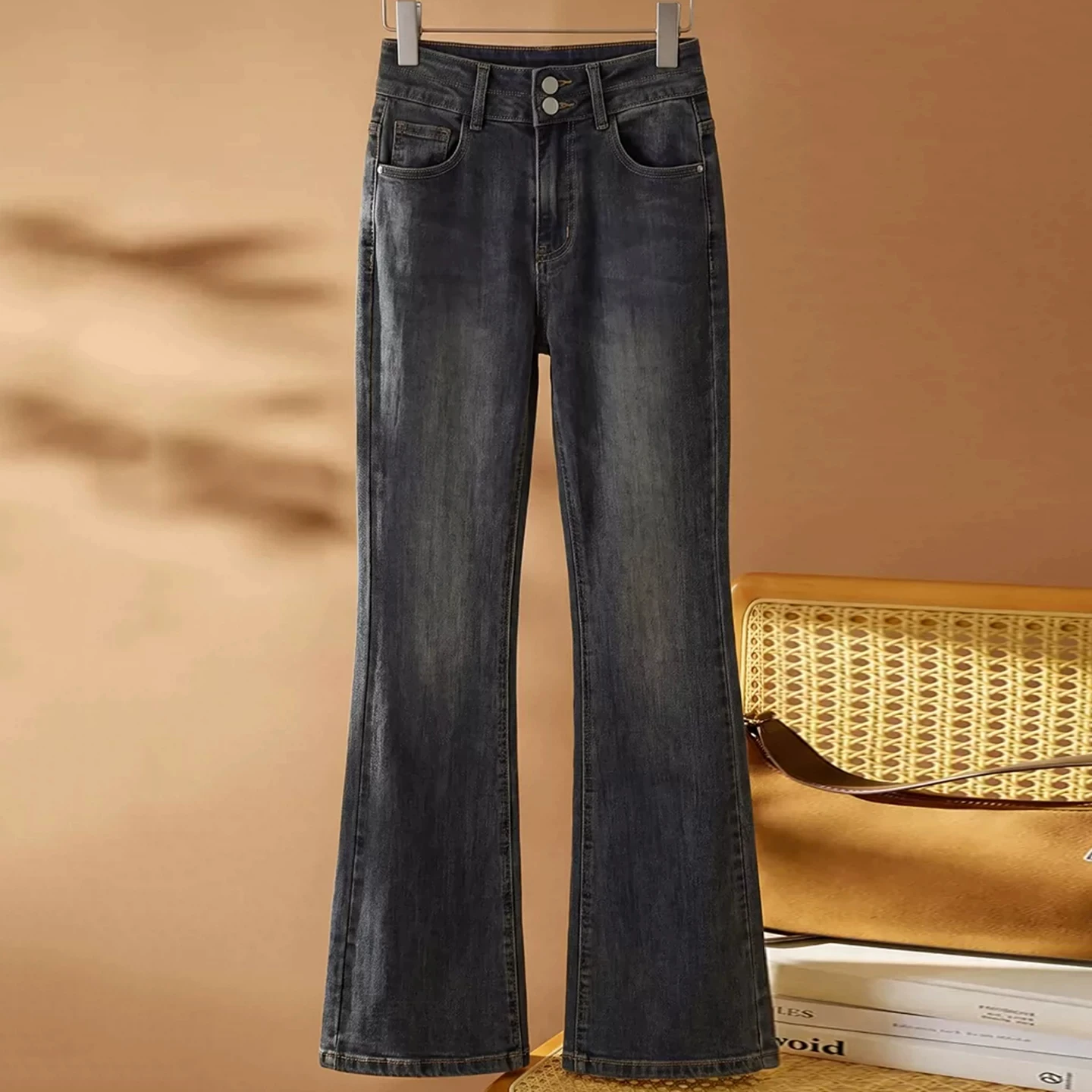American Style Retro High Waist Double Buckle Wide Leg Jeans Women's Slimming Casual Trousers Cotton Stretch Denim Jeans