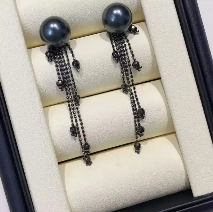 stunning pair of 9-10mm tahitian round black green pearl dangle earring 925s