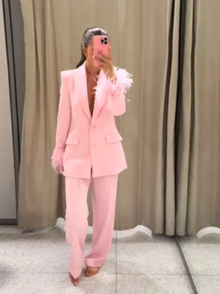 

Костюм с перьями, верхние брюки, женский комплект, пушистая тонкая талия, куртка с отложным воротником, широкие брюки, женская официальная одежда