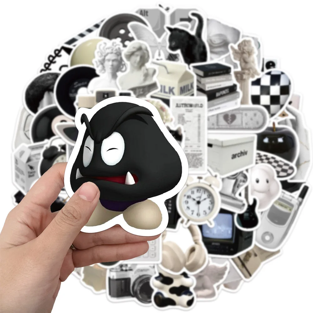 50PCS Black and White Minimalist Cartoon Sticker Bag DIY Sticker Label Tablet Water Cup Decoration Sticker