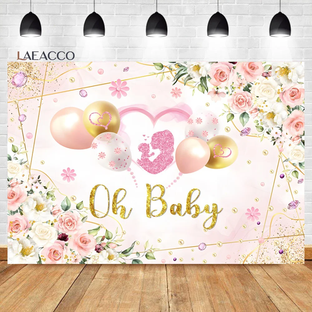 

Laeacco Pink Floral Baby Shower Backdrop Flowers Balloons Glitter Oh Baby Party Decor Portrait Customized Photography Background